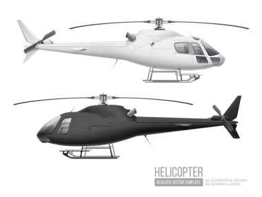 Beyaz ve Siyah Helikopter - vektör Mockup şablonu gri üzerinde izole edildi. Şirket kimliği ve havacılık taşımacılığı reklamları için beyaz Eurocopter modeli. Yolcu iş taşımacılığı