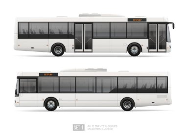 Beyaz Şehir Otobüs şablonu beyaz arka planda izole edildi. Model, marka kimlik tasarımı ve reklam sunumu için gerçekçi Vektör Yolcu Otobüsü. Yan Görünüm Uzun Yolcu otobüsü