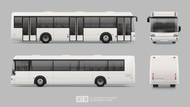 Long City Otobüs - Gri arka planda izole edilmiş bir şablon. Marka kimliği ve taşımacılık üzerine reklam tasarımı için yolcu otobüsü. Boş kenar görünüm, ön, arka Alçak Kat Şehir Otobüsü
