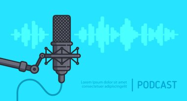 Radyo ses yayını ya da ses dalgası vektör tasarımlı stüdyo mikrofonu. Ses dalgası arkaplanı. Podcasting veya yayın arkaplanı