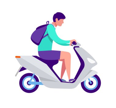 Turist kirası ve moto scooter ya da moto motor düz vektör çizimi kullanıyor. Aktif yaşam tarzı ve yaz seyahati kavramı. Yazlık elbiseli mutlu adam scooter kullanıyor.