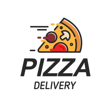 Pizza teslimatı logosu, pizza dilimi ikonu, fast food restoranı amblemi. Beyaz arkaplanda düz çizgi tarzı pizza logosu