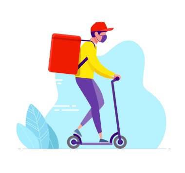 Teslimat kuryesi solunum maskeli bir scooter sürüyor izole vektör illüstrasyonuyla. Yaz kenti dağıtım hizmeti taşımacılığı kavramı