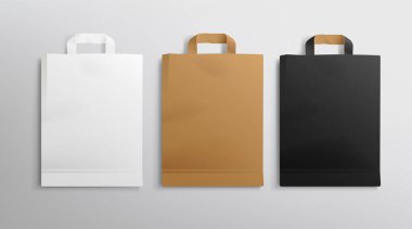 Marka ve kurumsal kimlik tasarımı için Gerçekçi Alışveriş Çantası boş Mockup seti. Dikey siyah-beyaz eko alışveriş çantası modeli. Kağıt paket şablonu gri renkte izole edildi