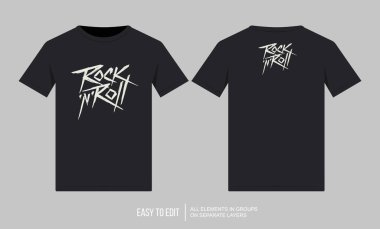 Vector siyah tişört modeli ve rock n roll tasarımı. Ön ve arka tişört griden izole edilmiş.