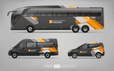 Siyah Otobüs, Yolcu Minibüsü ve Ticari Araba Gri Taşımacılık Mockup setinde izole edildi. Brand kimliği ve reklamcılık için soyut grafik öğeleri. Yolcu taşıma seti. Damgalama modeli