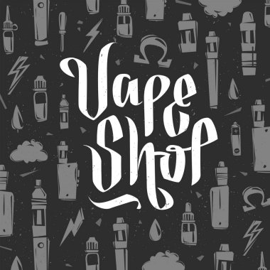 Vape shop logosu ve elektronik sigara dükkanı için siyah arka planda izole edilmiş buharlaşma araçları, parmak izi tasarımı. Vape Shop harf işareti veya poster şablonu