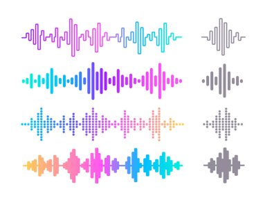 Renkli ses dalgası formu simge düz tasarım izole vektör şablonu. Minimalist ses dalgası. Podcasting veya yayın arkaplanı