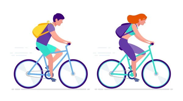 自転車に乗る若い男の子と女の子 孤立ベクトルイラスト 夏のフィットネス サイクリング旅行 健康的なアクティブライフスタイルのコンセプト 幸せな男と女で夏服ドライブ自転車 — ストックベクタ