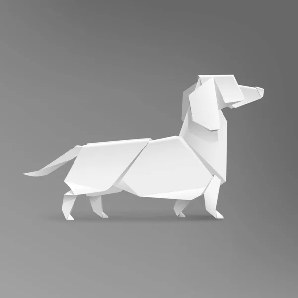 幾何学的折り紙白ダックスフンドッグベクトルテンプレートは灰色から隔離されます 現実的な3Dペーパーペットバセット犬のテンプレート 三角形の犬のアイコン — ストックベクタ