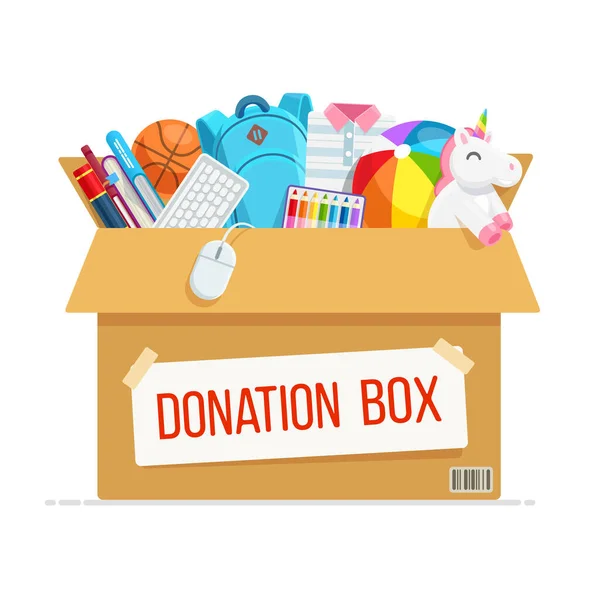 Cardboard Donation Box Full Books Toys Clothes Things Children Flat — Stock Vector