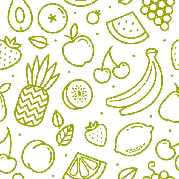 Vector Tropical Fruits Berries Line Art Seamless Pattern White Background — Stock Vector