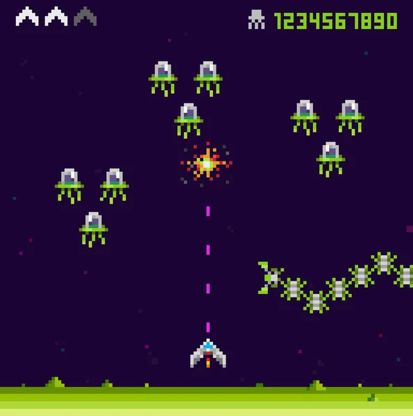 Estilo de arte pixel antigo ufo jogo de guerra espacial. monstros