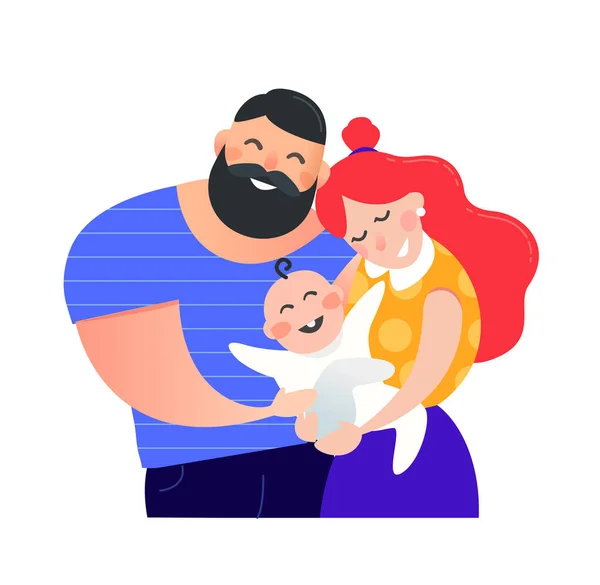Cartoon Happy Young Parents Newborn Baby Mother Arms Flat Vector — Stock Vector