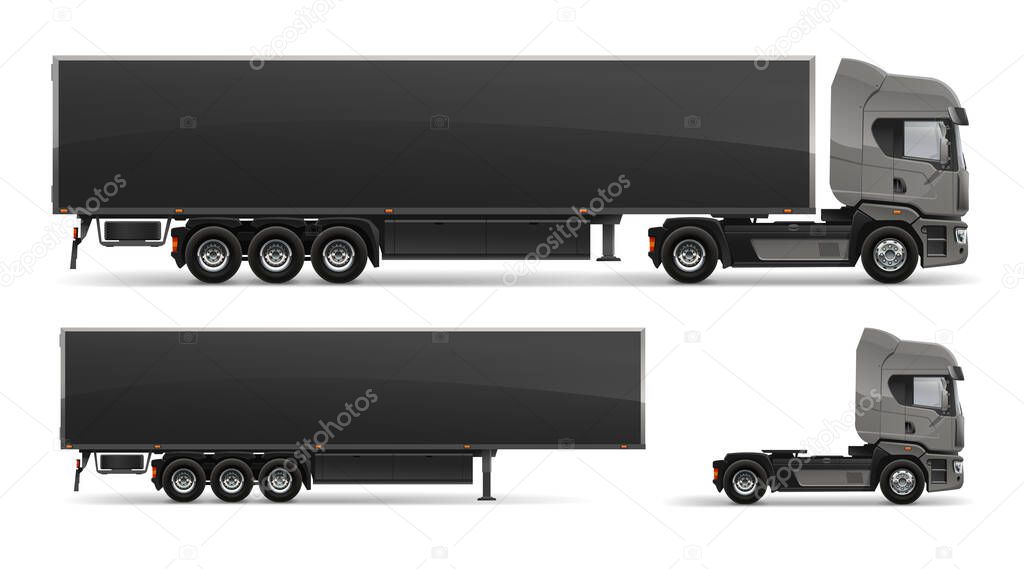 Black cargo Truck Trailer vector template for mockup design isolated on white background. Realistic Car Euro trucks delivering vehicle layout for corporate brand identity design. Realistic illustration