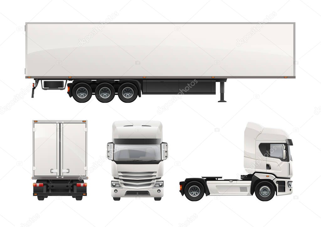 White cargo Truck Trailer vector template for mockup design isolated on grey background. Realistic Car Euro trucks delivering vehicle layout for corporate brand identity design. Realistic illustration