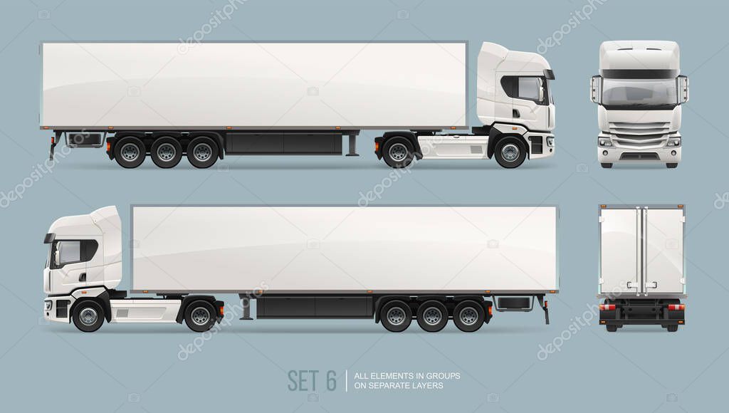 White cargo Truck Trailer vector template for mockup design isolated on grey background. Realistic Car Euro trucks delivering vehicle layout for corporate brand identity design. Realistic illustration