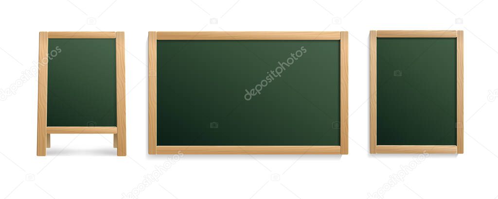 Empty green school chalkboard set of blank mockup set isolated on white background. Wooden vertical Frame Chalk board blank mockup for street menu sings and outdoor display