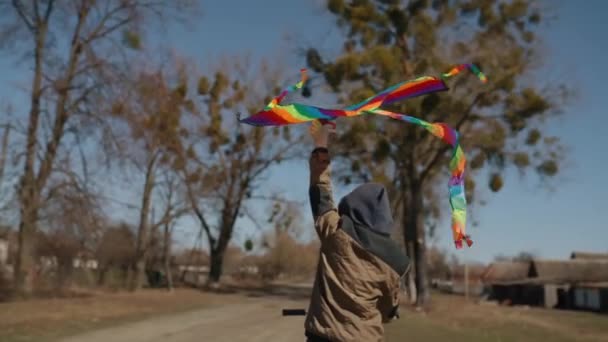 A happy boy with a flying rainbow kite rides a bicycle on the road. — Stock Video