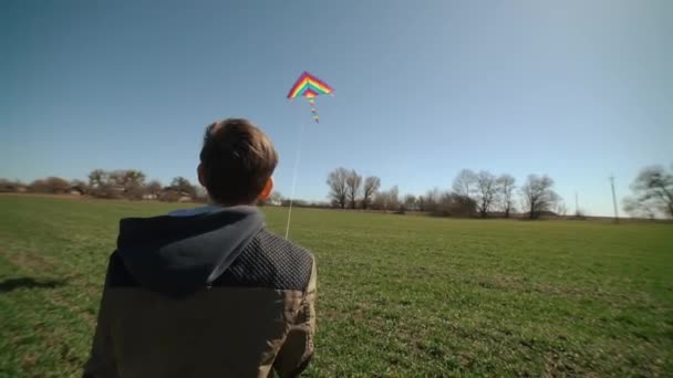 Счастливый мальчик играет и запускает воздушного змея на открытом воздухе в ветреный солнечный день. — стоковое видео