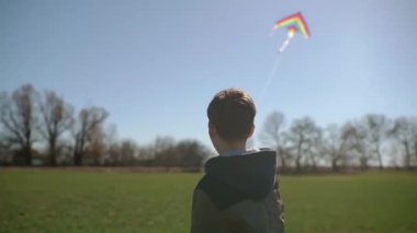Güneşli bir günde açık havada uçurtma uçuran mutlu çocuk..