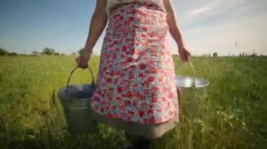 Genç bir sütçü kız yeşil bir alanda yürür ve çiftlik hayvanları için kova kova su taşır ya da süt sağdıktan sonra süt taşır..