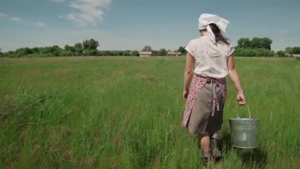 Άποψη Μιας Αγρότισσας Που Περπατάει Έναν Κουβά Ένα Βοσκότοπο Για — Αρχείο Βίντεο