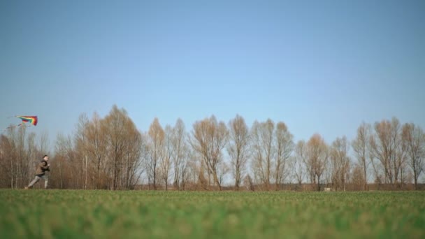 Chłopiec Biegnie Przez Zielone Pole Latawcem Widok Boku Zwolnione Tempo — Wideo stockowe