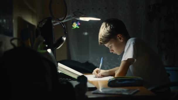 Joven Estudiante Escritorio Por Noche Chico Escribiendo Cuaderno Niño Varón — Vídeo de stock