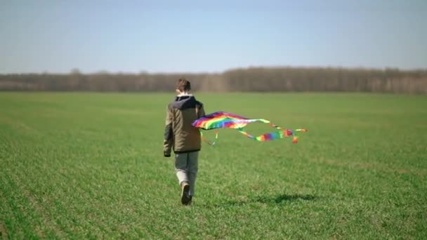 一个男孩手里拿着一个五颜六色的风筝穿过田野 从后面看 — 图库视频影像