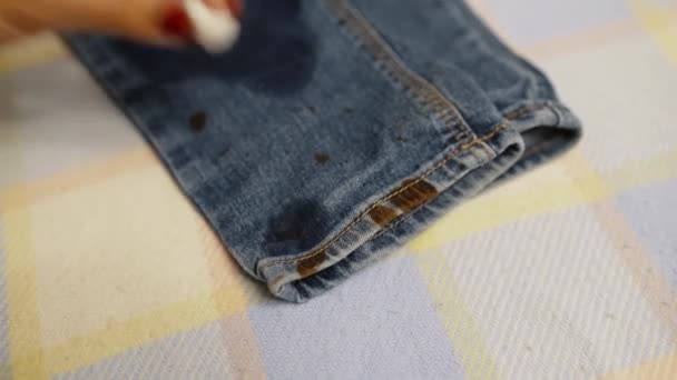 Woman Cleans Her Pants Stains Special Tool Concept Cleaning Clothes — Vídeo de Stock
