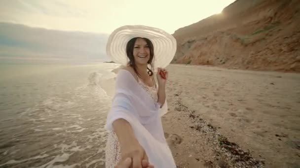 Beautiful Brunette Hat Holding Her Hand Turns Camera Flirts Smiles — Stock video