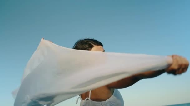 Beautiful Young Woman Girl Holding Pareo Fabric Wind Overlooking Sea — Stok Video