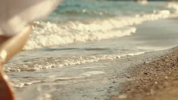 Girl Runs Barefoot Sea Coast Close Womans Legs Running Sea — Stockvideo