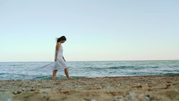 Attractive Girl Walking Beach Admiring Beautiful View Girl Going Seashore — Vídeos de Stock