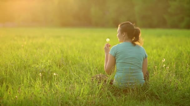 Pretty Girl Blows Ripe Dandelion While Sitting Grass Evening Backdrop — Vídeo de Stock