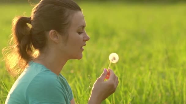 Close Young Happy Girl Blowing Ripe Dandelion Evening Backdrop Setting — Vídeo de Stock