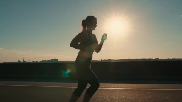 Woman Jogging Road Sunset Girl Runs Side View Healthy Lifestyle — Video