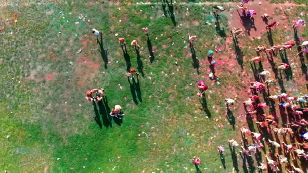 Top View Crowd People Throwing Colored Powder Holi Festival Colors — Vídeo de Stock