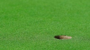 Beyaz golf topunun deliğe girdiği an. Hedefteki topun tam vuruşu. Golf müsabakaları. Spor müsabakası. Hobi olarak. Yüksek kalite 4k görüntü
