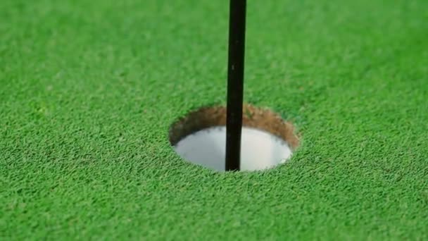 Golfmoment Close Van Een Golfbal Die Recht Het Gat Rolt — Stockvideo