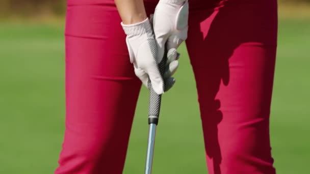 Une Golfeuse Gants Tient Club Golf Dans Ses Mains Prépare — Video
