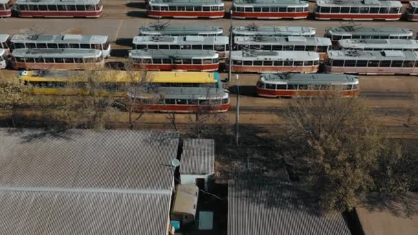 Tramvaje Skladišti Zaparkované Pohled Shora Vysoce Kvalitní Záběry — Stock video