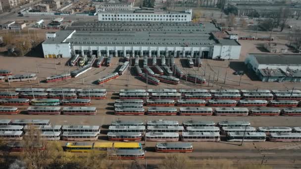 Tramvaje Skladišti Zaparkované Pohled Shora Vysoce Kvalitní Záběry — Stock video
