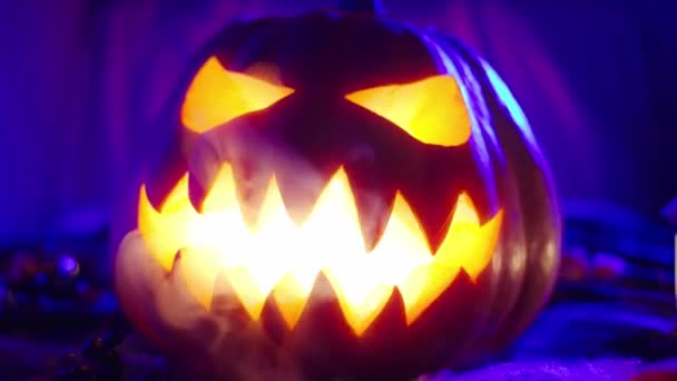 Queimando Símbolo Halloween Assustador Lanterna Jack Abaixo Luz Néon Assustador — Vídeo de Stock
