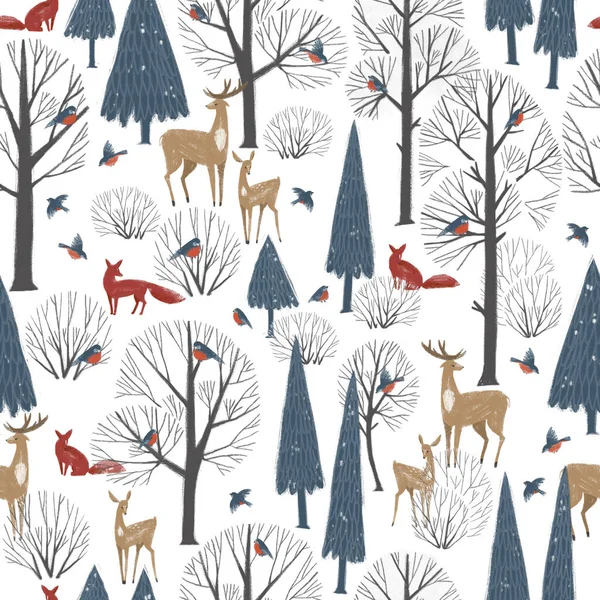 Seamless Pattern Hand Drawn Winter Forest Forest Animals Stylish Illustration — Stock Photo, Image