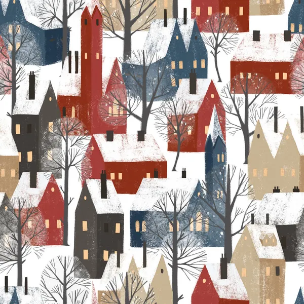 Seamless Pattern Hand Drawn Textured Houses Cute Old Town Perfect — Stock Photo, Image