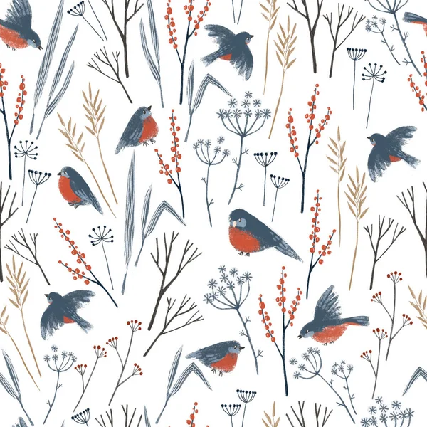 Bezproblémový Vzor Ručně Kreslenými Zimními Ptáky Lesními Bylinkami Stylová Ilustrace — Stock fotografie