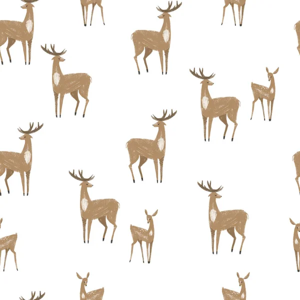 Nahtloses Muster Mit Handgezeichneten Hirschen Und Rehkitzen Stilvolle Illustration Perfekt — Stockfoto