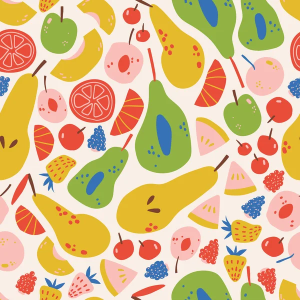 Fruit Doodle Seamless Pattern Naive Simple Fruits Perfect Fabric Wallpaper — Stock Vector